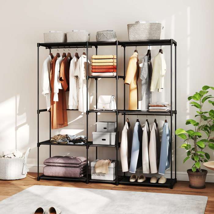  Dulap Garderoba din Material Textil cu 8 Rafturi si 3 Bare pentru Umerase, 182x43x185 cm, Negru [9]