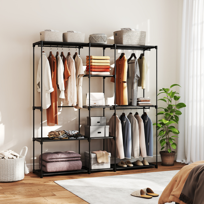  Dulap Garderoba din Material Textil cu 8 Rafturi si 3 Bare pentru Umerase, 182x43x185 cm, Negru [2]