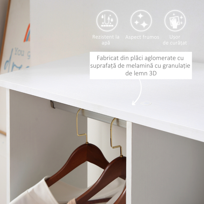  Dulap Garderoba pe Roti cu 2 Bare si 3 Rafturi Deschise, din Lemn si Aluminiu, 120x40x128 cm, Alb [4]
