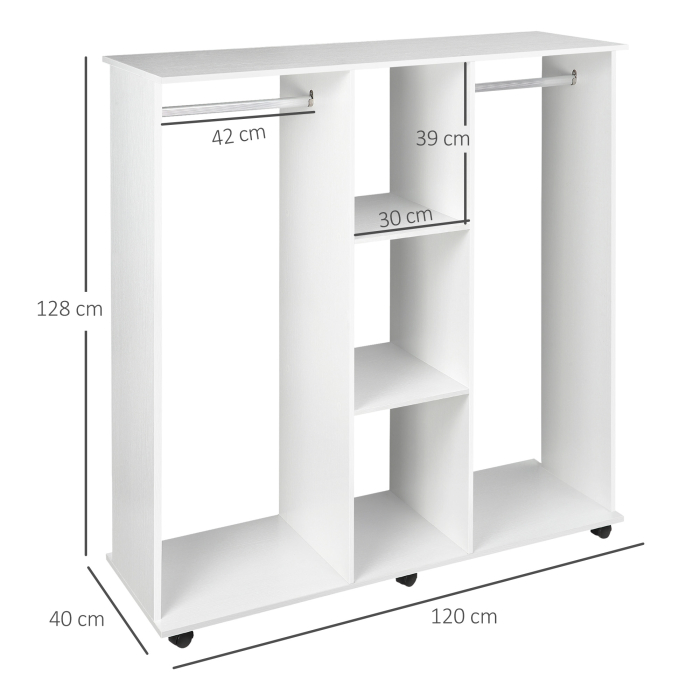  Dulap Garderoba pe Roti cu 2 Bare si 3 Rafturi Deschise, din Lemn si Aluminiu, 120x40x128 cm, Alb [3]