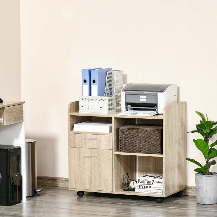  Dulap Imprimanta Birou Multifunctional 80x40x72 cm, Dulap Joasa cu Sertare, Rafturi, 4 Roti, Culoare Stejar [2]