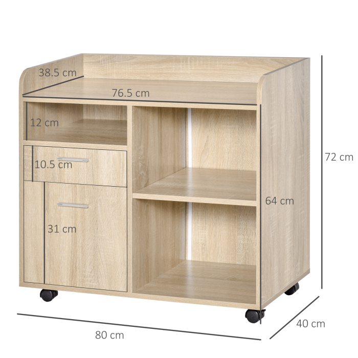  Dulap Imprimanta Birou Multifunctional 80x40x72 cm, Dulap Joasa cu Sertare, Rafturi, 4 Roti, Culoare Stejar [3]