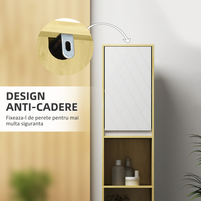  Dulap inalt de Baie Spatios, Mobilier de Baie cu 2 Dulapuri si Rafturi Reglabile, 30x24x170 cm, Lemn Natural [7]