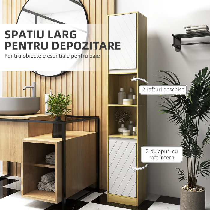  Dulap inalt de Baie Spatios, Mobilier de Baie cu 2 Dulapuri si Rafturi Reglabile, 30x24x170 cm, Lemn Natural [4]