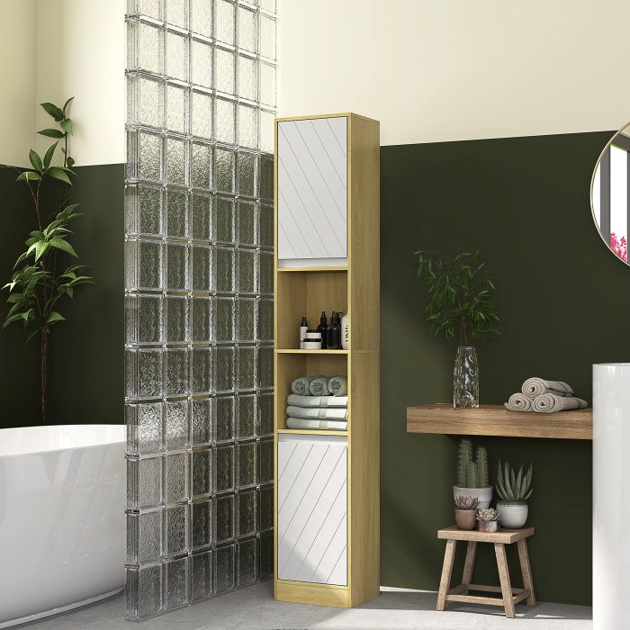  Dulap inalt de Baie Spatios, Mobilier de Baie cu 2 Dulapuri si Rafturi Reglabile, 30x24x170 cm, Lemn Natural [2]