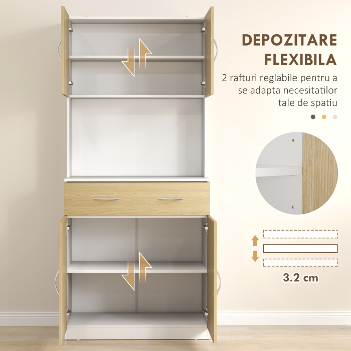  Dulap inalt de Bucatarie cu 2 Usi, Sertar, Bufet inalt din Lemn cu Rafturi Reglabile, 80x40x180 cm, Lemn Natural [6]