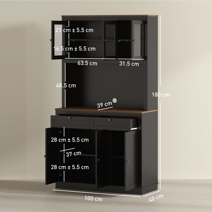  Dulap inalt de Bucatarie cu 4 Dulapuri, 2 Sertare si Blat Central, 100x40x180 cm, Negru [3]