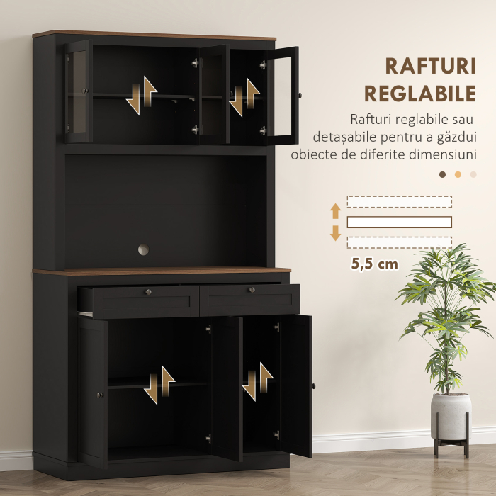  Dulap inalt de Bucatarie cu 4 Dulapuri, 2 Sertare si Blat Central, 100x40x180 cm, Negru [5]