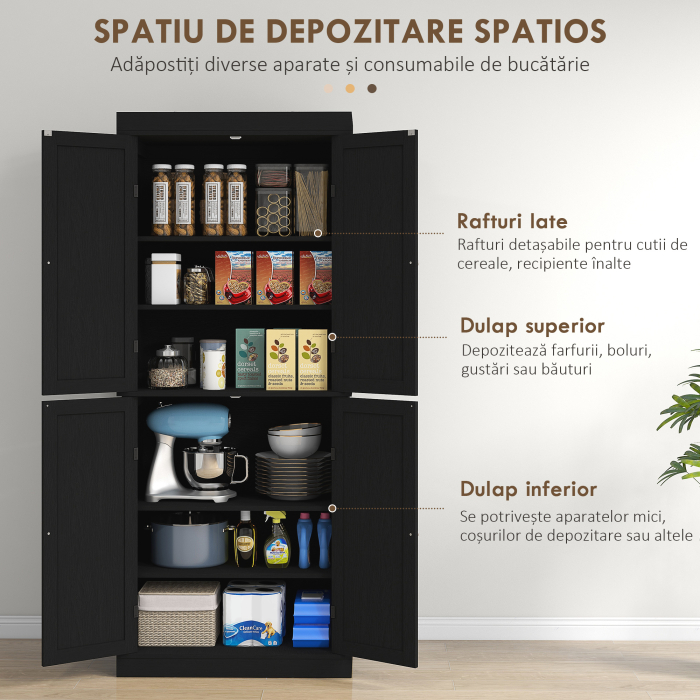  Dulap inalt de Bucatarie cu 6 Rafturi Reglabile si 4 Usi din Lemn, 76x40.5x184 cm, Negru [4]