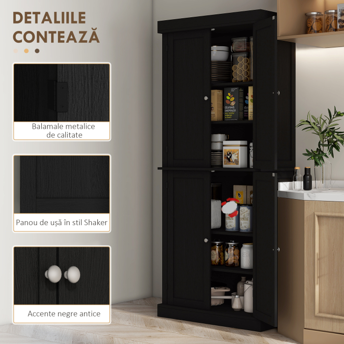  Dulap inalt de Bucatarie cu 6 Rafturi Reglabile si 4 Usi din Lemn, 76x40.5x184 cm, Negru [7]