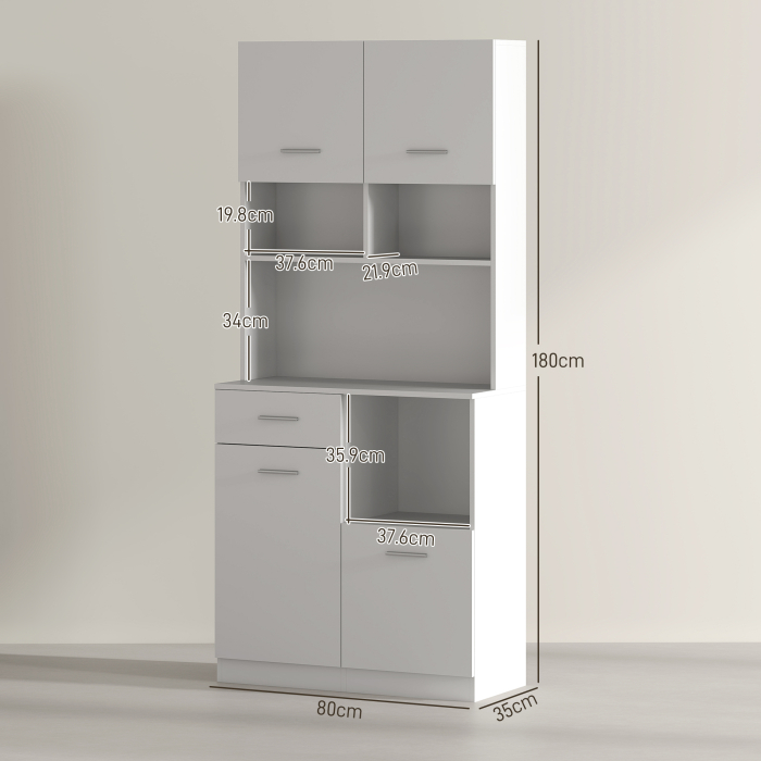 Dulap inalt pentru Bucatarie cu Sertar, 4 Dulapuri si 3 Spatii Deschise, 80x35x180 cm, Alb [3]