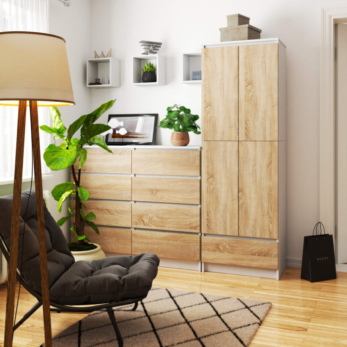 Dulap inchis cu 2 usi si sertar, 4 rafturi, PAL laminat 16 mm, 60x35x180 cm, alb si stejar sonoma [5]