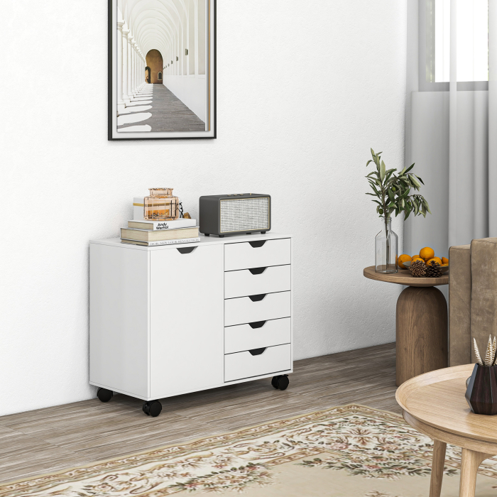  Dulap Lateral cu 5 Sertare, Dulap cu Raft Reglabil, Mobilier pentru Birou pe Roti, Suport pentru Imprimanta pentru Biroul de Acasa, Alb [2]