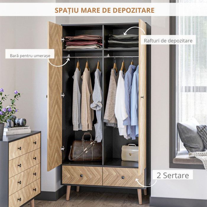  Dulap Lemn Gri inchis - 2 Usi, Compartimente si Sertare [5]