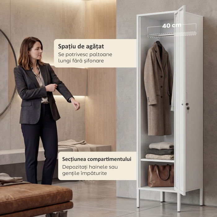 Dulap Metalic Slim cu Usa Blocabila si Suport pentru Etichete, Dulap Multi-Functional cu Bara pentru Haine, Rafturi, pentru Casa sau Birou, 40x40x179 cm, Alb [5]