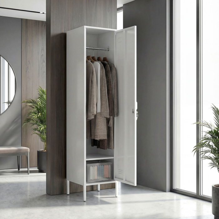  Dulap Metalic Slim cu Usa Blocabila si Suport pentru Etichete, Dulap Multi-Functional cu Bara pentru Haine, Rafturi, pentru Casa sau Birou, 40x40x179 cm, Alb [2]