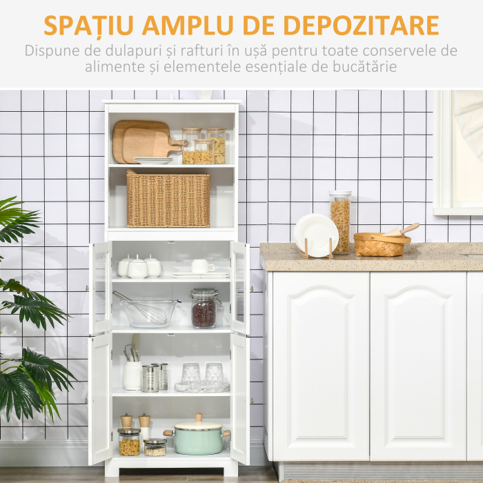  Dulap mobil cu 2 rafturi deschise si 2 dulapuri cu usi, din MDF si Sticla, 60x30x162 cm, Alb [4]