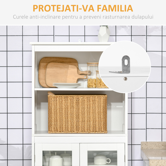  Dulap mobil cu 2 rafturi deschise si 2 dulapuri cu usi, din MDF si Sticla, 60x30x162 cm, Alb [7]
