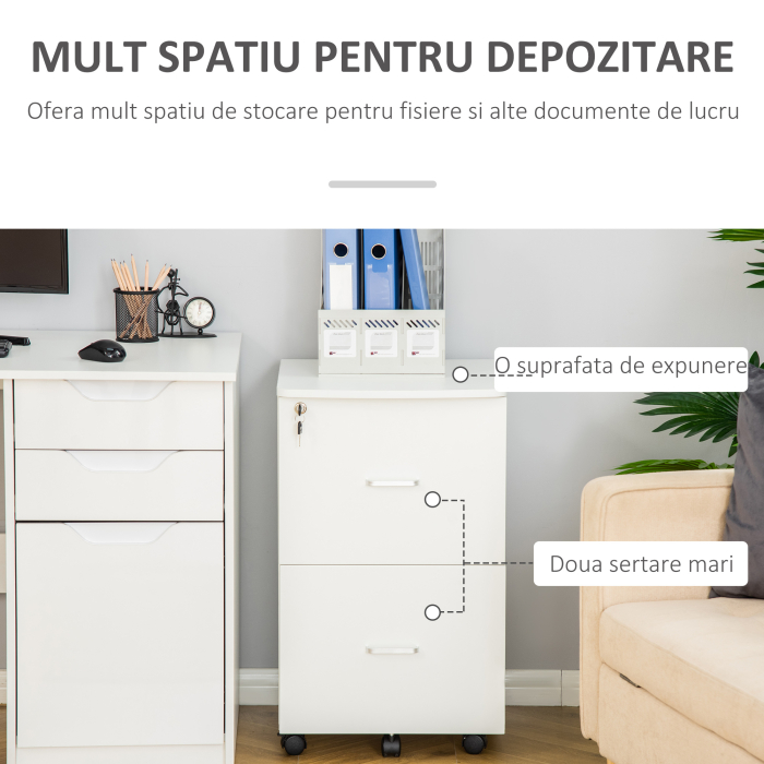  Dulap mobil pentru dosare cu 2 sertare, cu blocare, dulap de birou din lemn cu roti de blocare pentru A4, Letter, alb [5]