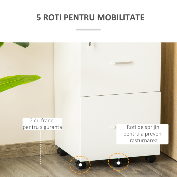  Dulap mobil pentru dosare cu 2 sertare, cu blocare, dulap de birou din lemn cu roti de blocare pentru A4, Letter, alb [6]