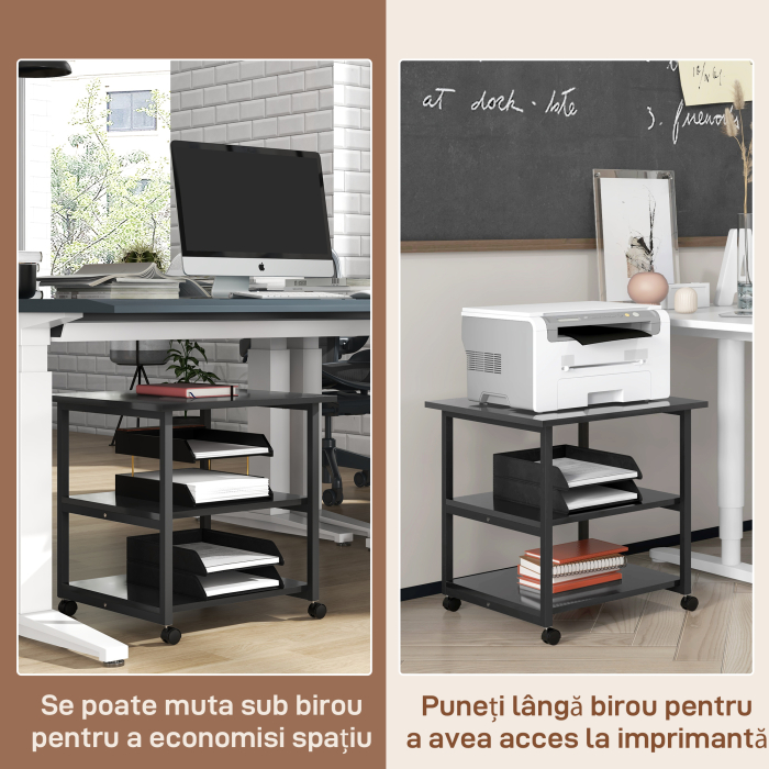  Dulap mobil pentru imprimanta cu 3 rafturi si 4 roti, lemn si otel, 50x50x52,5cm, negru [6]