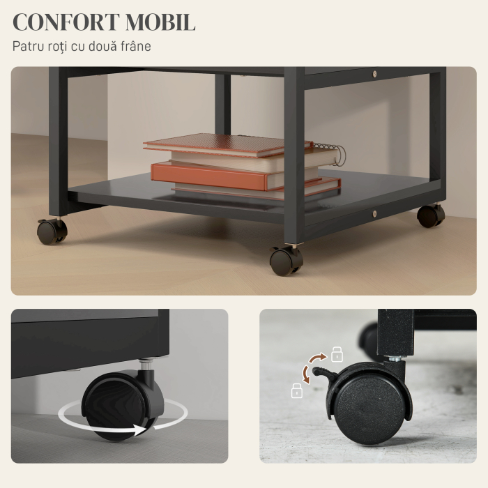  Dulap mobil pentru imprimanta cu 3 rafturi si 4 roti, lemn si otel, 50x50x52,5cm, negru [5]