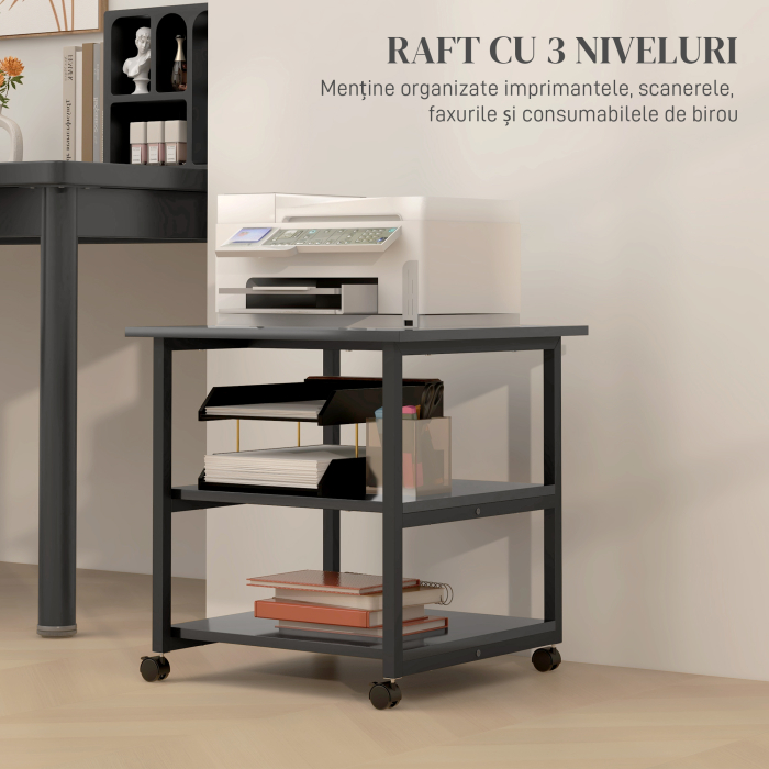  Dulap mobil pentru imprimanta cu 3 rafturi si 4 roti, lemn si otel, 50x50x52,5cm, negru [4]
