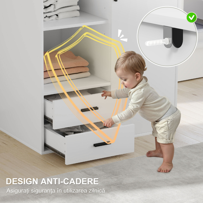  Dulap Modern cu 2 Sertare, Rafturi Deschise si Suport pentru Haine Alb [6]