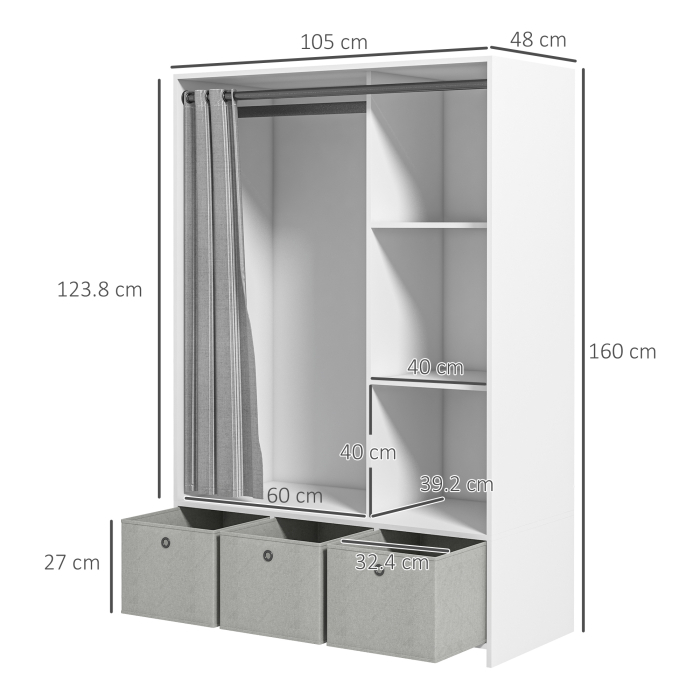  Dulap Modern cu Bara pentru Umerase, 3 Sertare din Material Textil si 3 Rafturi, 105x48x160 cm, Alb si Gri [3]