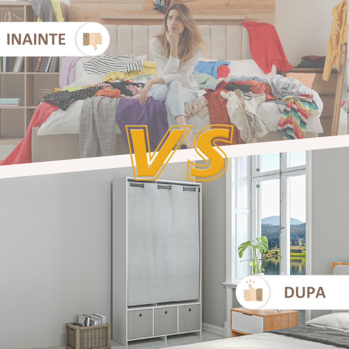  Dulap Modern cu Bara pentru Umerase, 3 Sertare din Material Textil si 3 Rafturi, 105x48x160 cm, Alb si Gri [6]