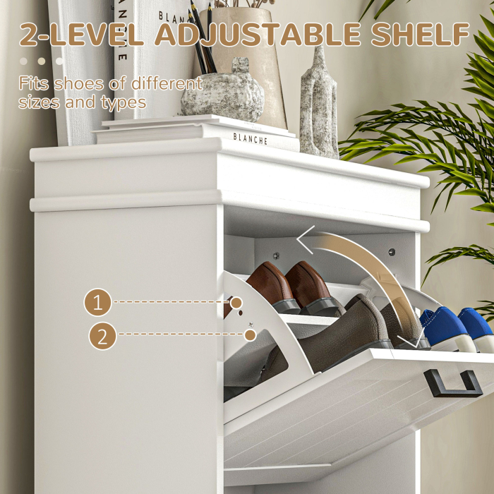  Dulap Modern pentru Pantofi cu 2 Sertare Rabatabile, Capacitate 10 Perechi si Raft Reglabil, 54x24x82,5 cm, Alb [5]