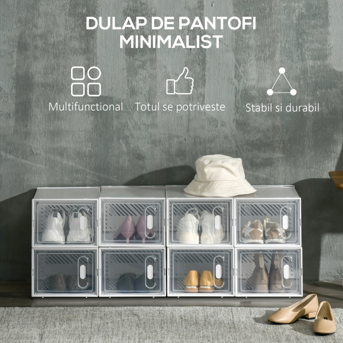  Dulap Modular pentru Pantofi cu 8 Cuburi de Depozitare si Usa Magnetica, din PP, 25x35x19 cm, Alb si Transparent [4]