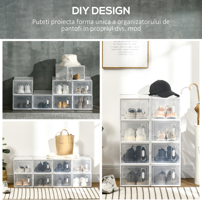  Dulap Modular pentru Pantofi cu 8 Cuburi de Depozitare si Usa Magnetica, din PP, 25x35x19 cm, Alb si Transparent [6]