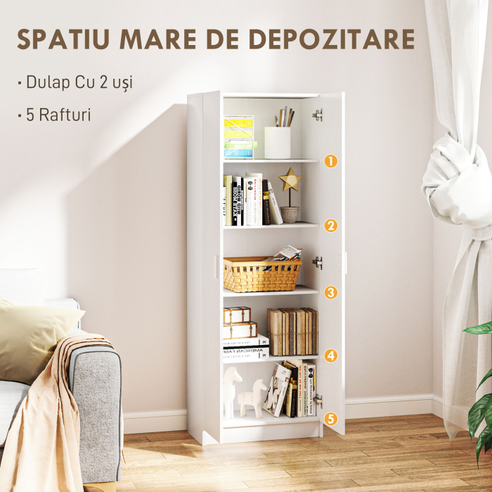  Dulap Multifunctional cu Usi Batante, 5 Rafturi si 3 Niveluri Reglabile, 60x31,5x165 cm, Alb [4]