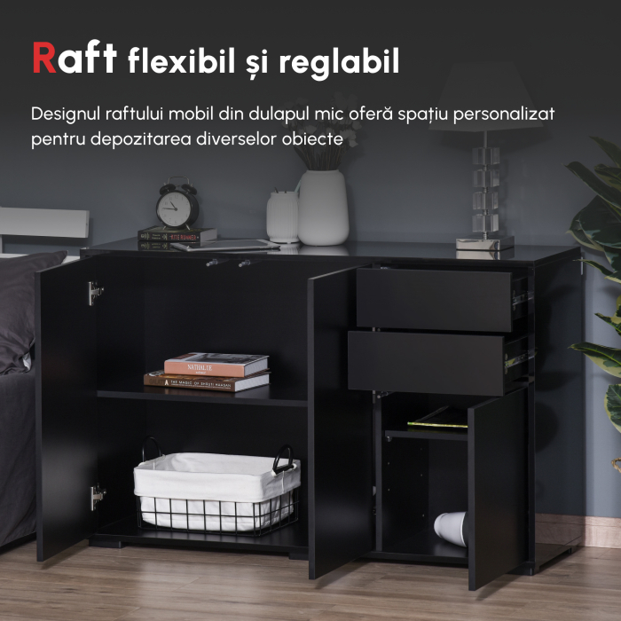 Dulap multifunctional negru  cu 2 sertare si 2 dulapuri cu apasare, 117x36x74cm [4]