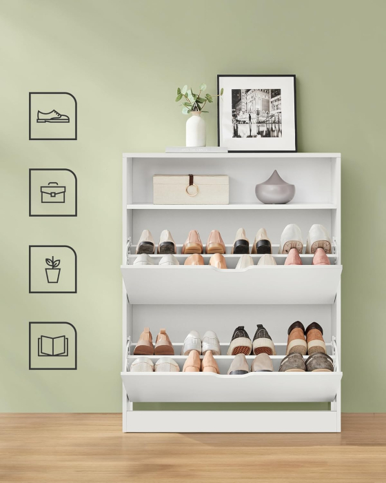 Dulap pantofi 80x24x102 cm, cu 2 usi rabatabile, separator reglabil si raft superior, PAL alb mat [4]