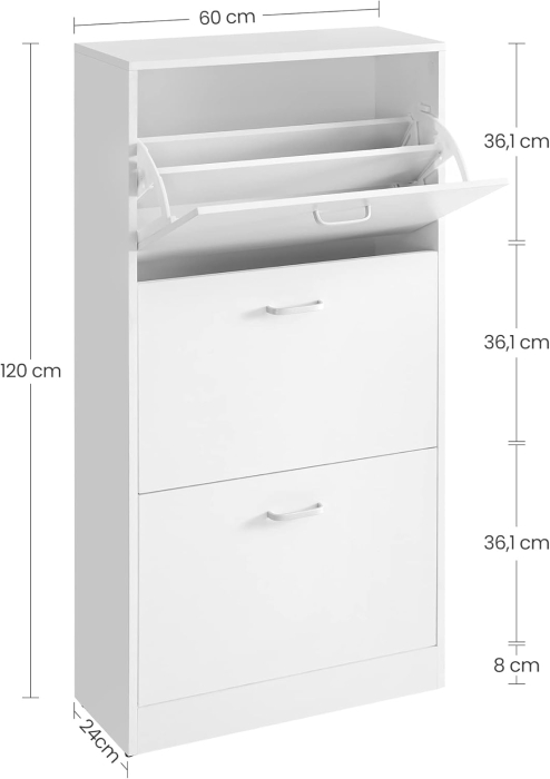 Dulap pantofi cu 2 usi rabatabile, pentru 12-18 perechi, 60x24x120 cm, alb [3]
