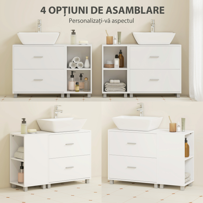  Dulap pentru baia de sub chiuveta, cu 2 sertare si rafturi deschise, din lemn, 90x30x60 cm, alb [7]