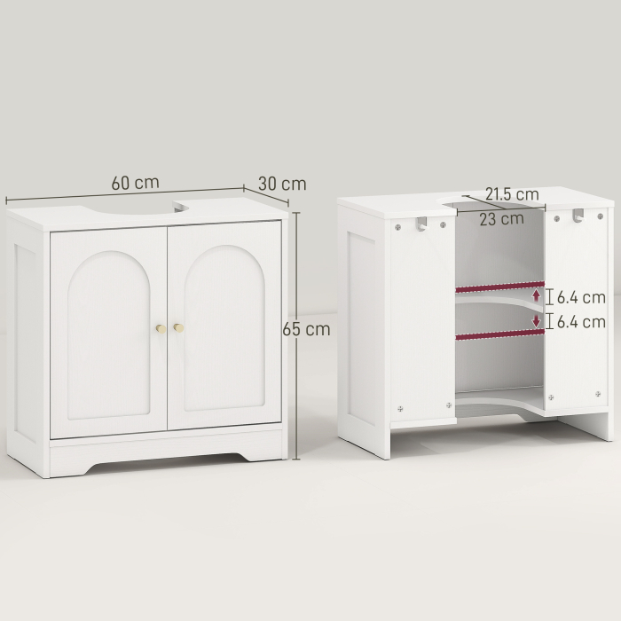  Dulap pentru baie sub chiuveta cu 2 usi si raft reglabil pe 3 niveluri, din lemn, 60x30x65 cm, alb [3]