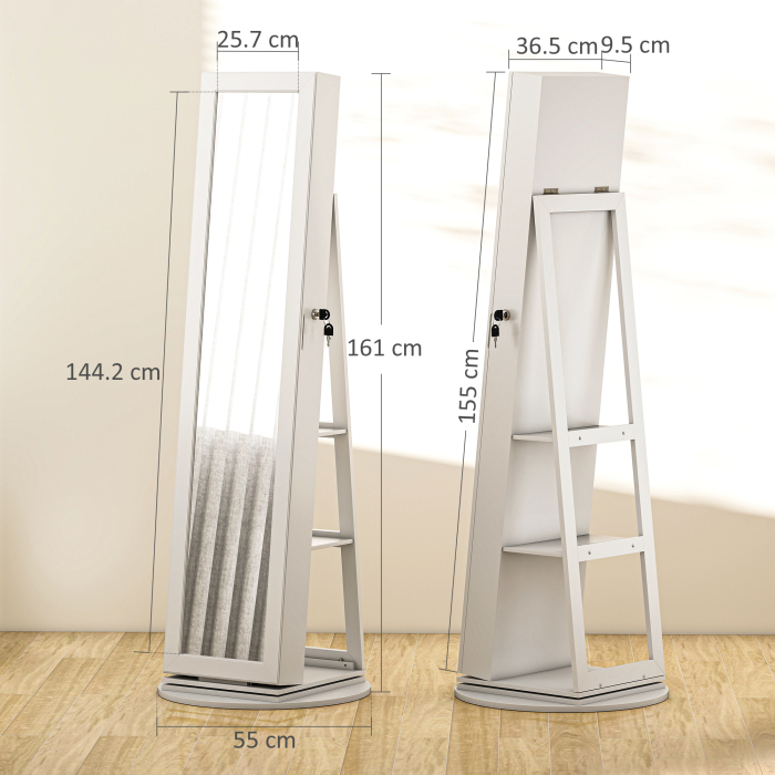  Dulap pentru Bijuterii 3 in 1 Rotativ la 360°, Rafturi din Spate si Usa cu Cheie, 55x55x161 cm, Alb [3]