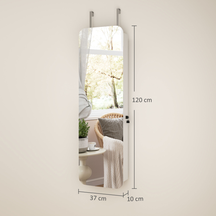  Dulap pentru Bijuterii Montat pe Perete cu Oglinda Interna si LED-uri, inaltime 120 cm, Economisire Spatiu pentru Usa, cu Sertare, incuietoare si Cheie, Raft Pliabil, Alb si Negru [3]