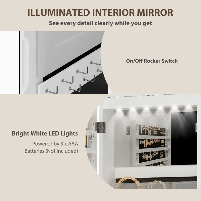  Dulap pentru Bijuterii Montat pe Perete cu Oglinda Interna si LED-uri, inaltime 120 cm, Economisire Spatiu pentru Usa, cu Sertare, incuietoare si Cheie, Raft Pliabil, Alb si Negru [5]