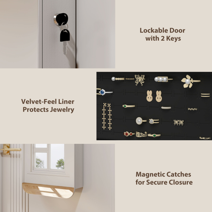  Dulap pentru Bijuterii Montat pe Perete cu Oglinda Interna si LED-uri, inaltime 120 cm, Economisire Spatiu pentru Usa, cu Sertare, incuietoare si Cheie, Raft Pliabil, Alb si Negru [8]