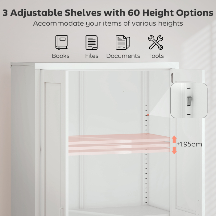  Dulap pentru Birou din Otel cu 3 Rafturi Reglabile, cu incuietoare si 2 Chei, 80x40x175 cm, Alb [4]