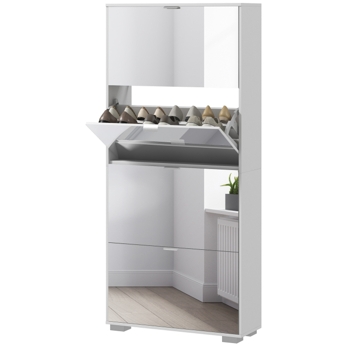  Dulap pentru Depozitarea incaltamintei cu Usi, Oglinda si 4 Sertare Rabatabile, 76x26x168 cm, Alb [9]