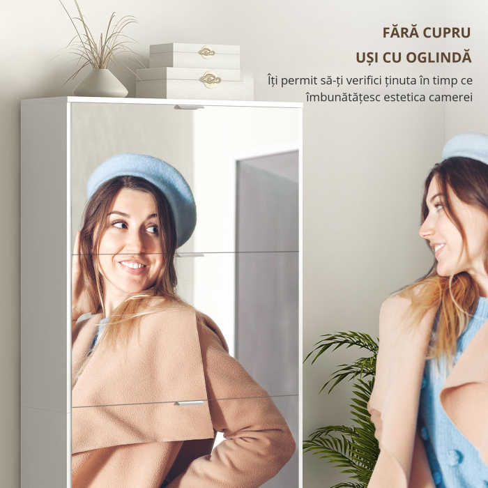  Dulap pentru Depozitarea incaltamintei cu Usi, Oglinda si 4 Sertare Rabatabile, 76x26x168 cm, Alb [6]