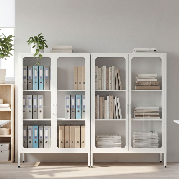  Dulap pentru Documente din Otel cu 2 Usi din Sticla Securizata, Dulap de Birou cu Rafturi Reglabile, Mobilier Multifunctional, 80x40x110 cm, Alb [9]