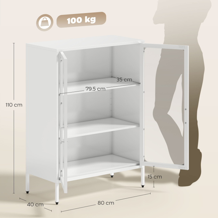  Dulap pentru Documente din Otel cu 2 Usi din Sticla Securizata, Dulap de Birou cu Rafturi Reglabile, Mobilier Multifunctional, 80x40x110 cm, Alb [3]