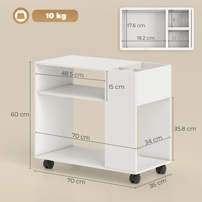  Dulap pentru Imprimanta cu Roti, Dulap Multifunctional cu Compartimente Deschise, Raft si Spatiu de Depozitare, Noptiera pentru Living, Camera sau Birou, 70x36x60 cm, Alb [3]