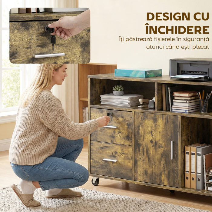  Dulap pentru Imprimanta pe Roti cu 2 Sertare cu incuietoare, 3 Rafturi si Dulap, Dulap pentru Documente de Birou si Studio, 100x35x65 cm, Maro Rustic [6]